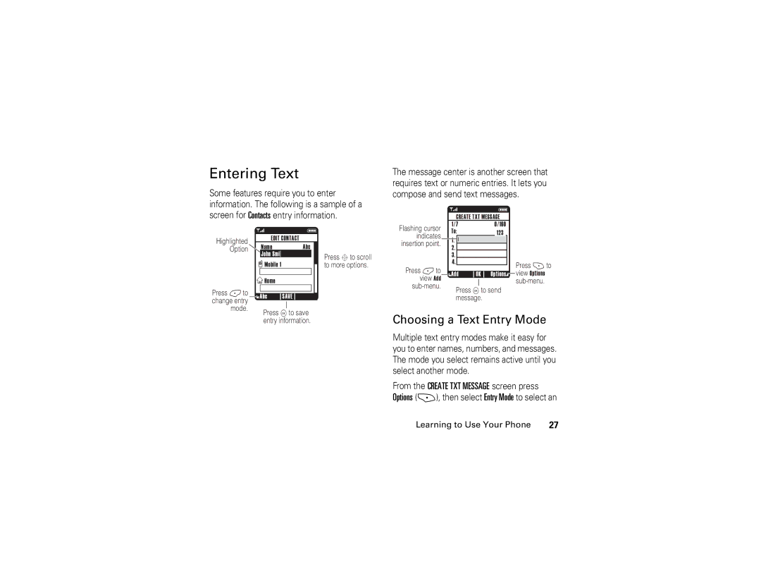 Motorola V325 manual Entering Text, Choosing a Text Entry Mode 