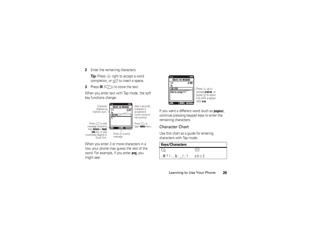 Motorola V325 manual Enter the remaining characters, Keys/Characters, @ ? ! , & / 1 a b c Learning to Use Your Phone 