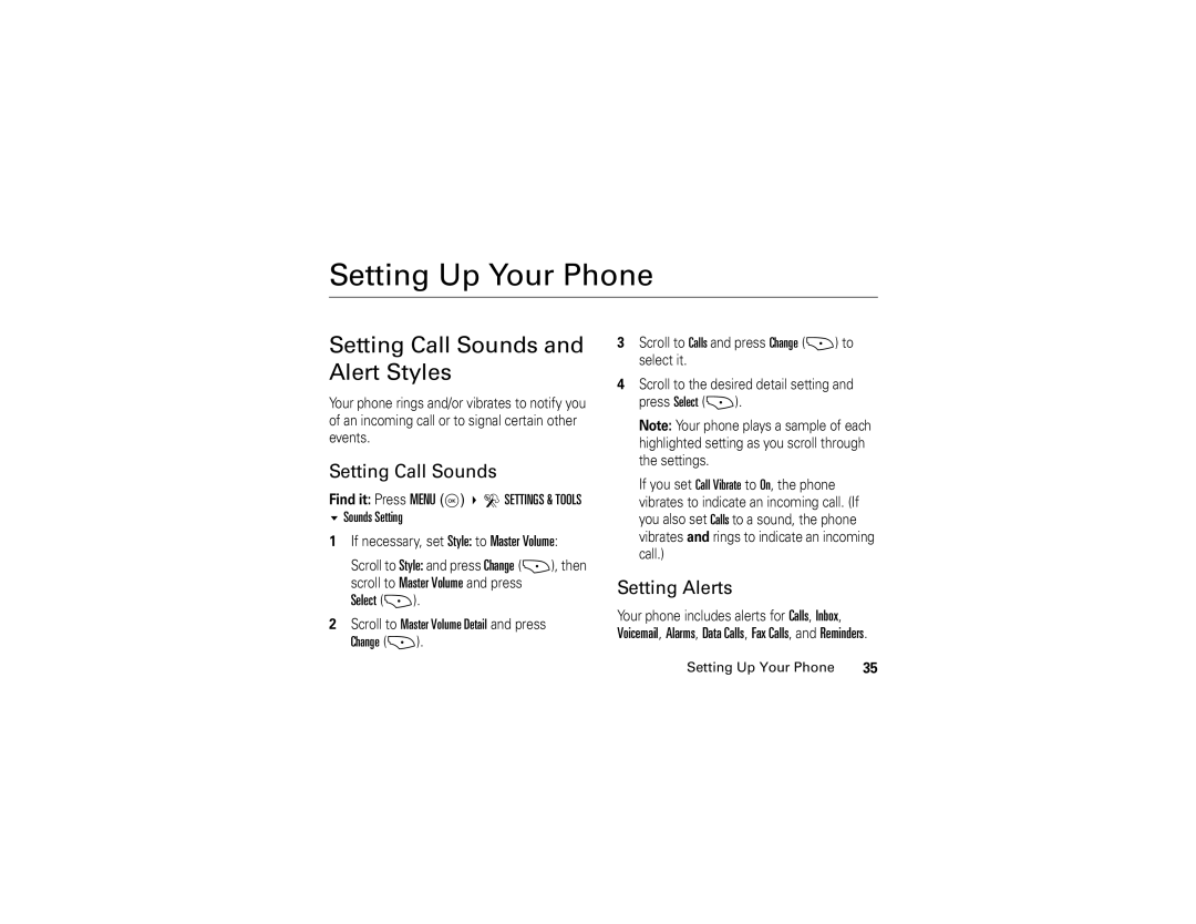 Motorola V325 manual Setting Up Your Phone, Setting Call Sounds and Alert Styles, Setting Alerts 