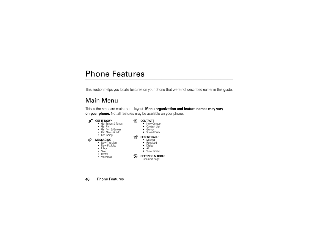 Motorola V325 manual Phone Features, Main Menu 