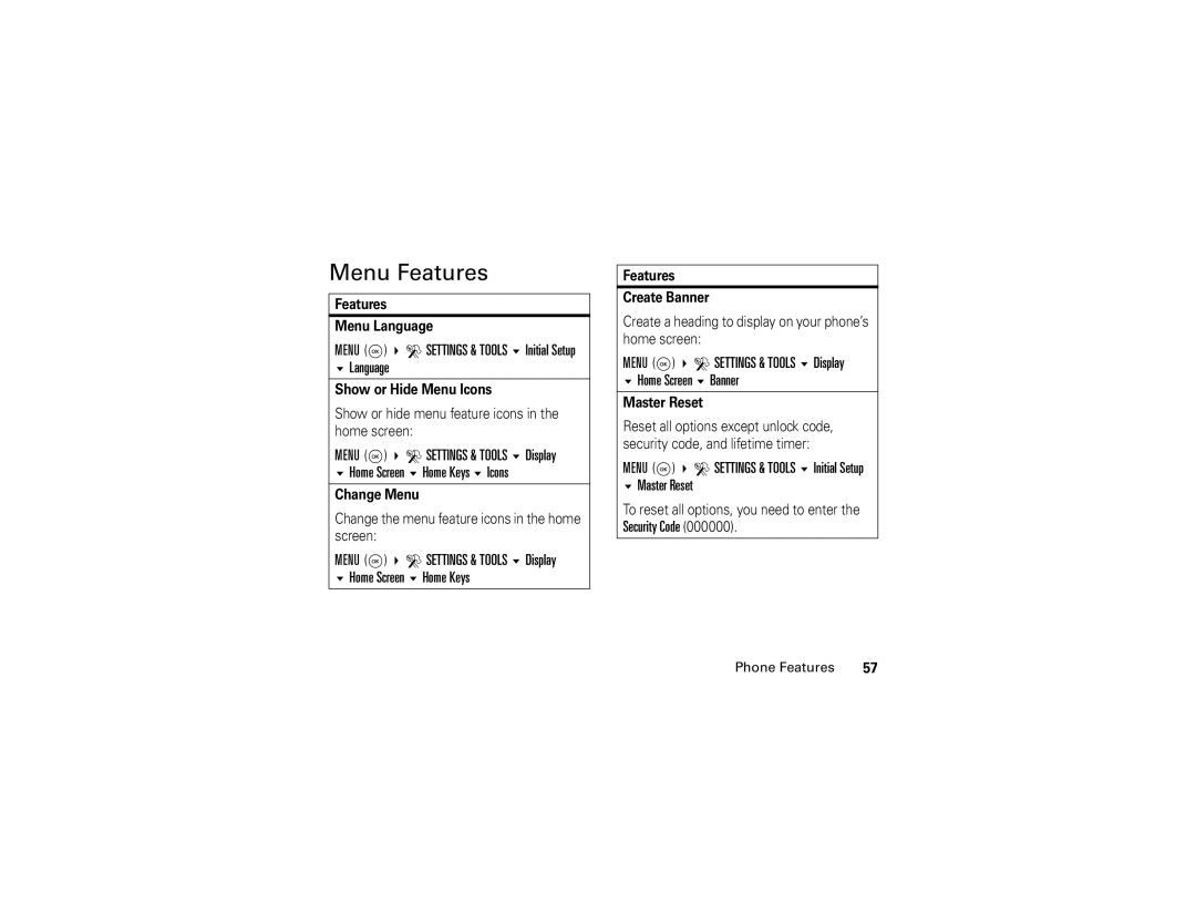 Motorola V325 manual Menu Features, Display, Home Keys, Banner 