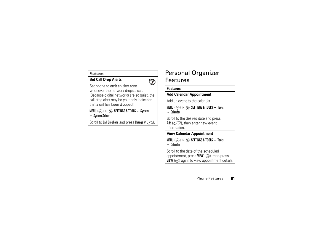 Motorola V325 manual Personal Organizer Features, Menu K D Settings & Tools Tools Calendar, Features Set Call Drop Alerts 