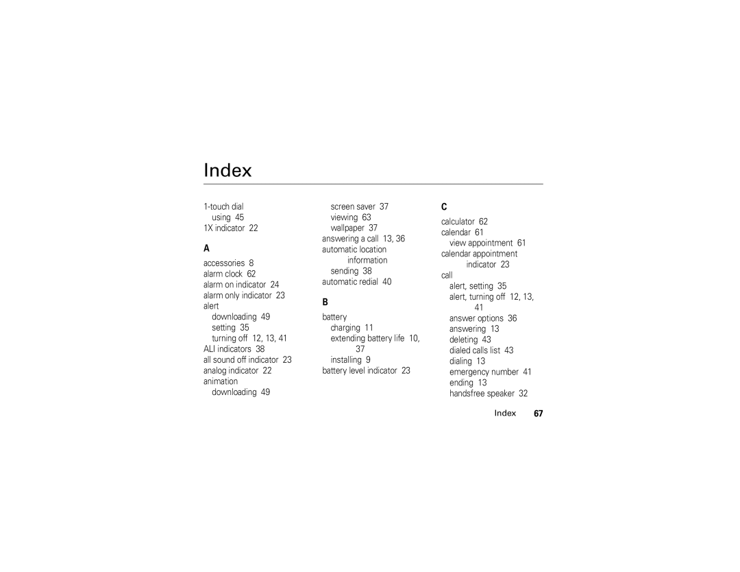 Motorola V325 manual Index 