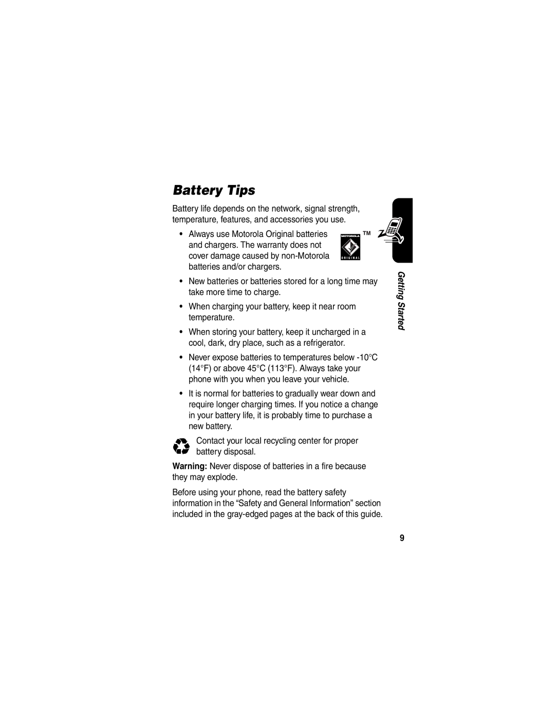 Motorola V330 manual Battery Tips 