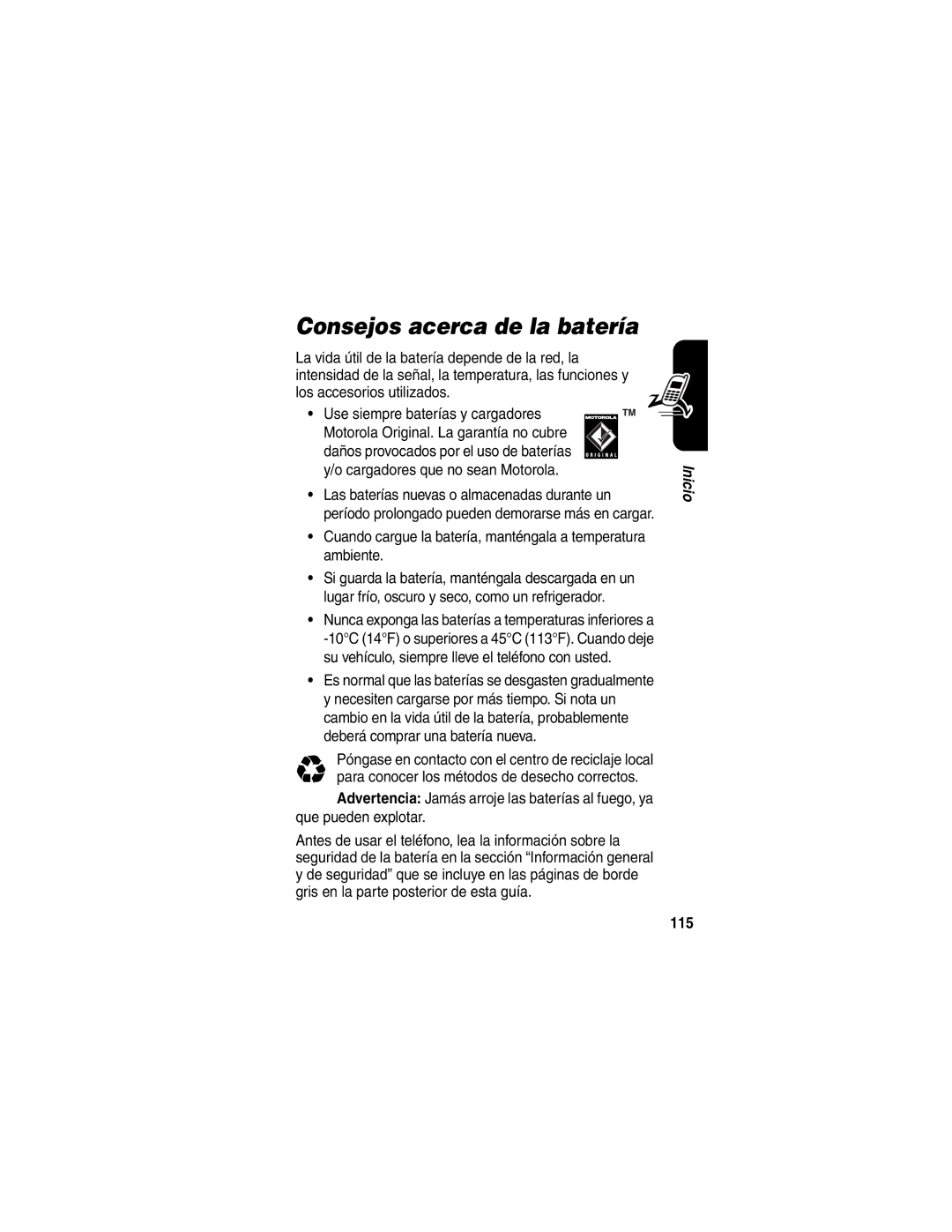 Motorola V330 manual Consejos acerca de la batería, Cuando cargue la batería, manténgala a temperatura ambiente, 115 