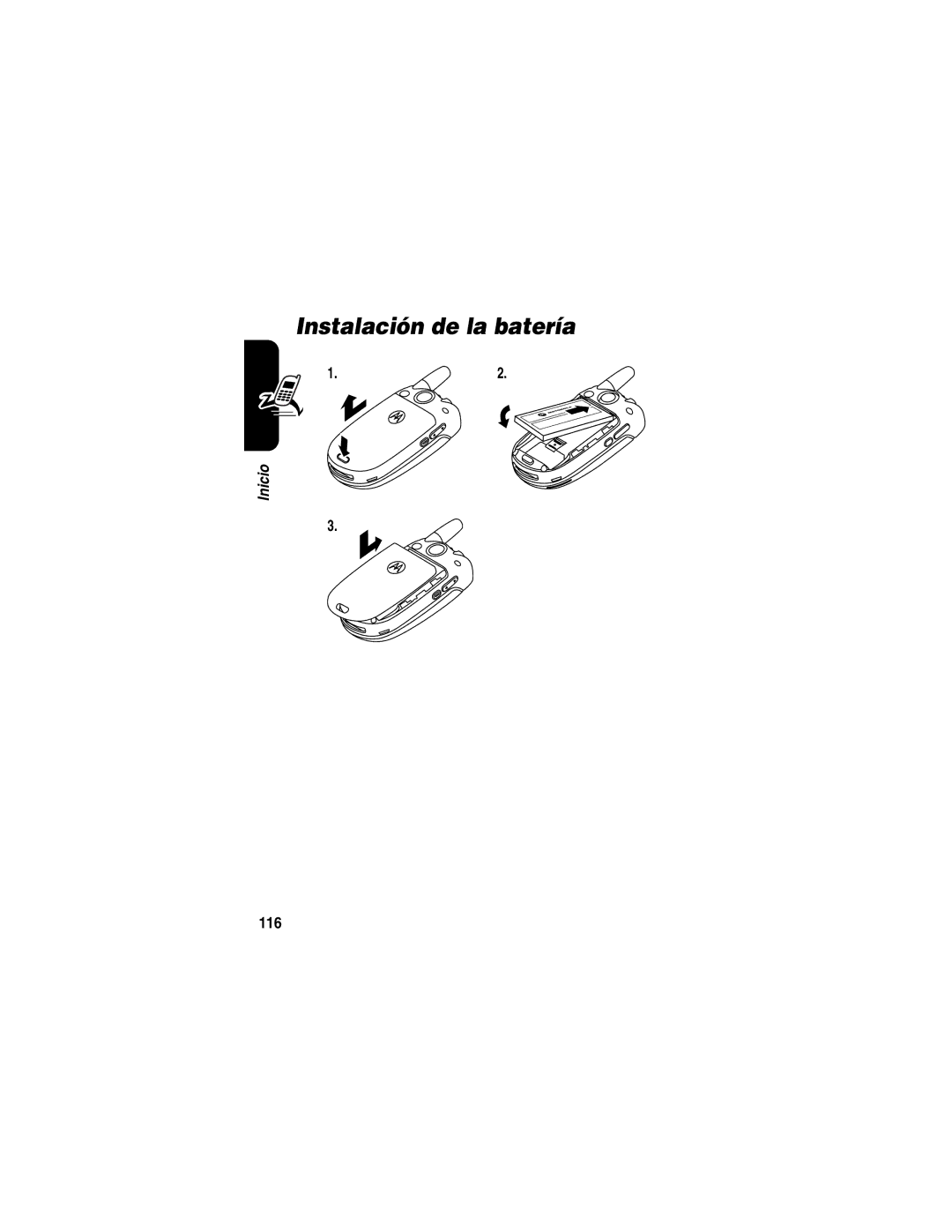 Motorola V330 manual Instalación de la batería, 116 