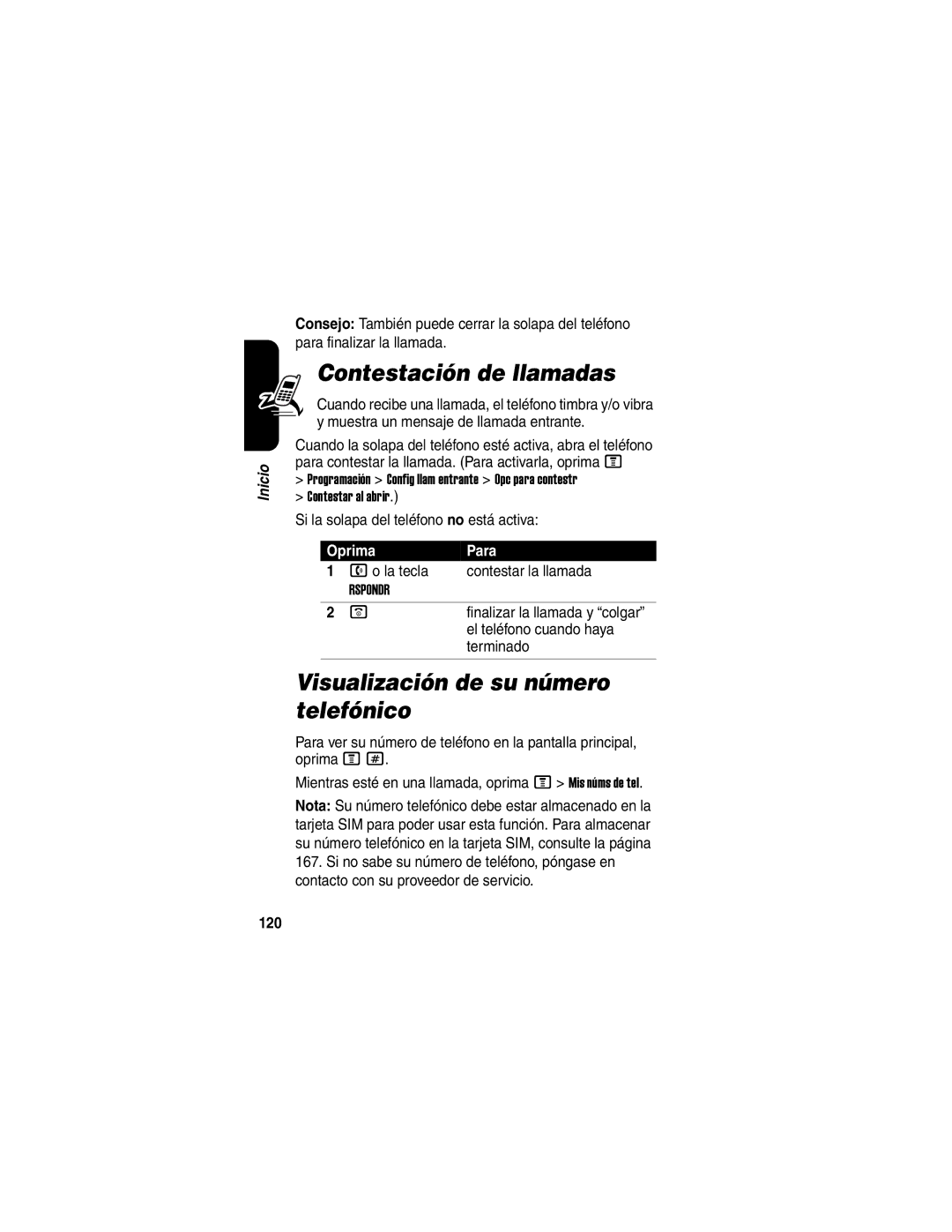 Motorola V330 Contestación de llamadas, Visualización de su número telefónico, Si la solapa del teléfono no está activa 