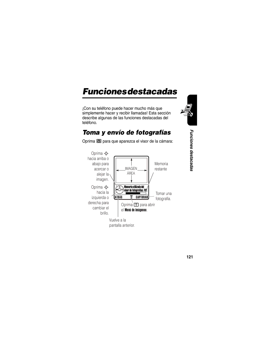 Motorola V330 manual Funcionesdestacadas, Toma y envío de fotografías, 121 