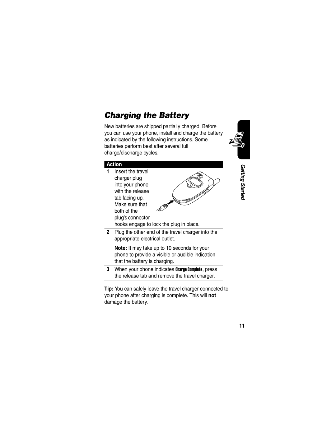 Motorola V330 manual Charging the Battery, Action, Tab facing up 