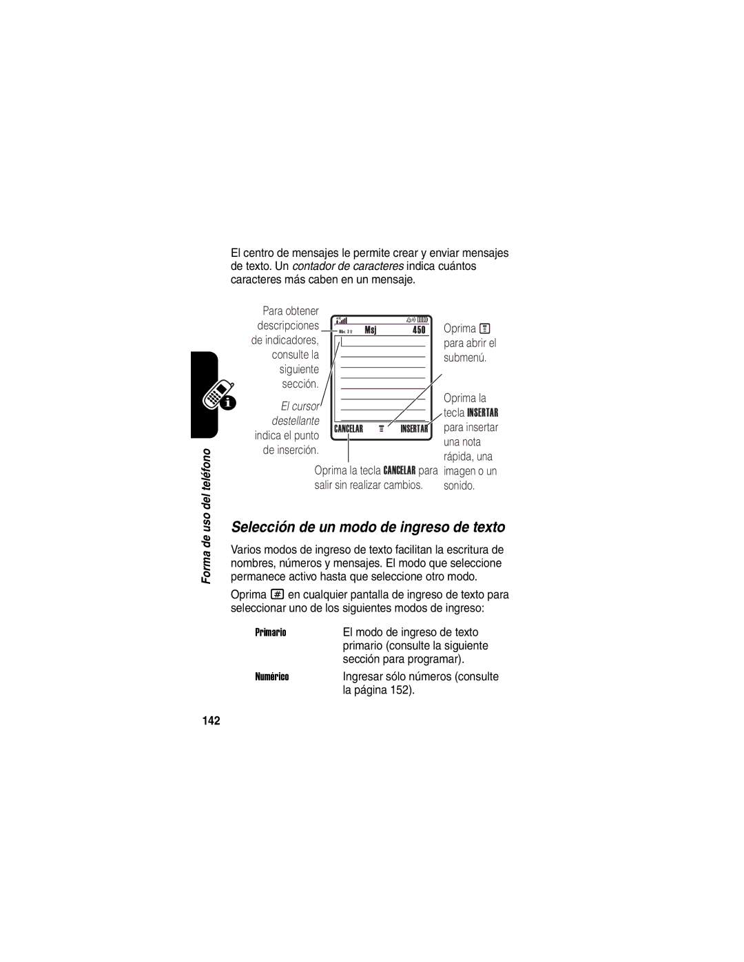 Motorola V330 manual Selección de un modo de ingreso de texto, 142 