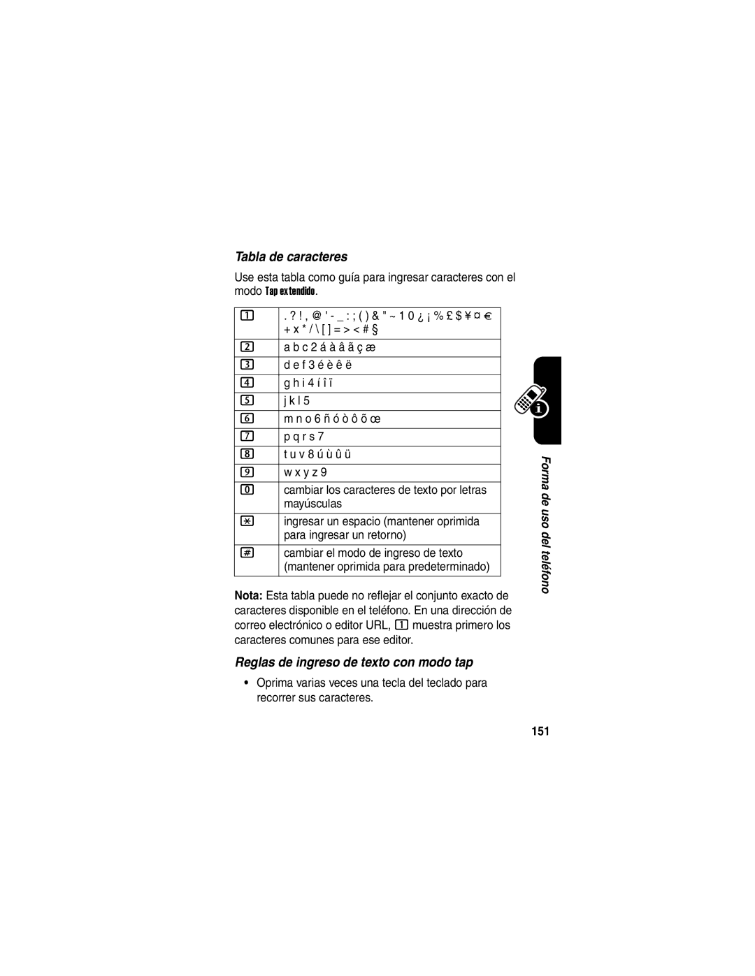 Motorola V330 manual Tabla de caracteres, Reglas de ingreso de texto con modo tap, 151 