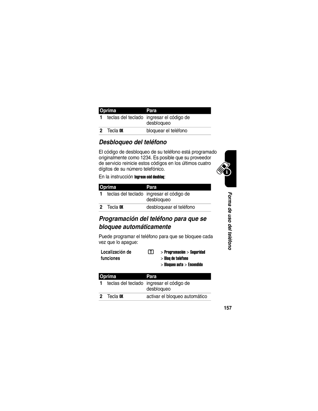 Motorola V330 manual Desbloqueo del teléfono, 157 