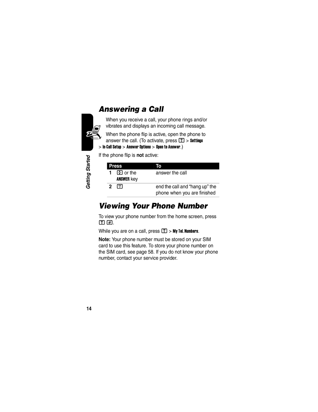 Motorola V330 manual Answering a Call, Viewing Your Phone Number, Answer the call 