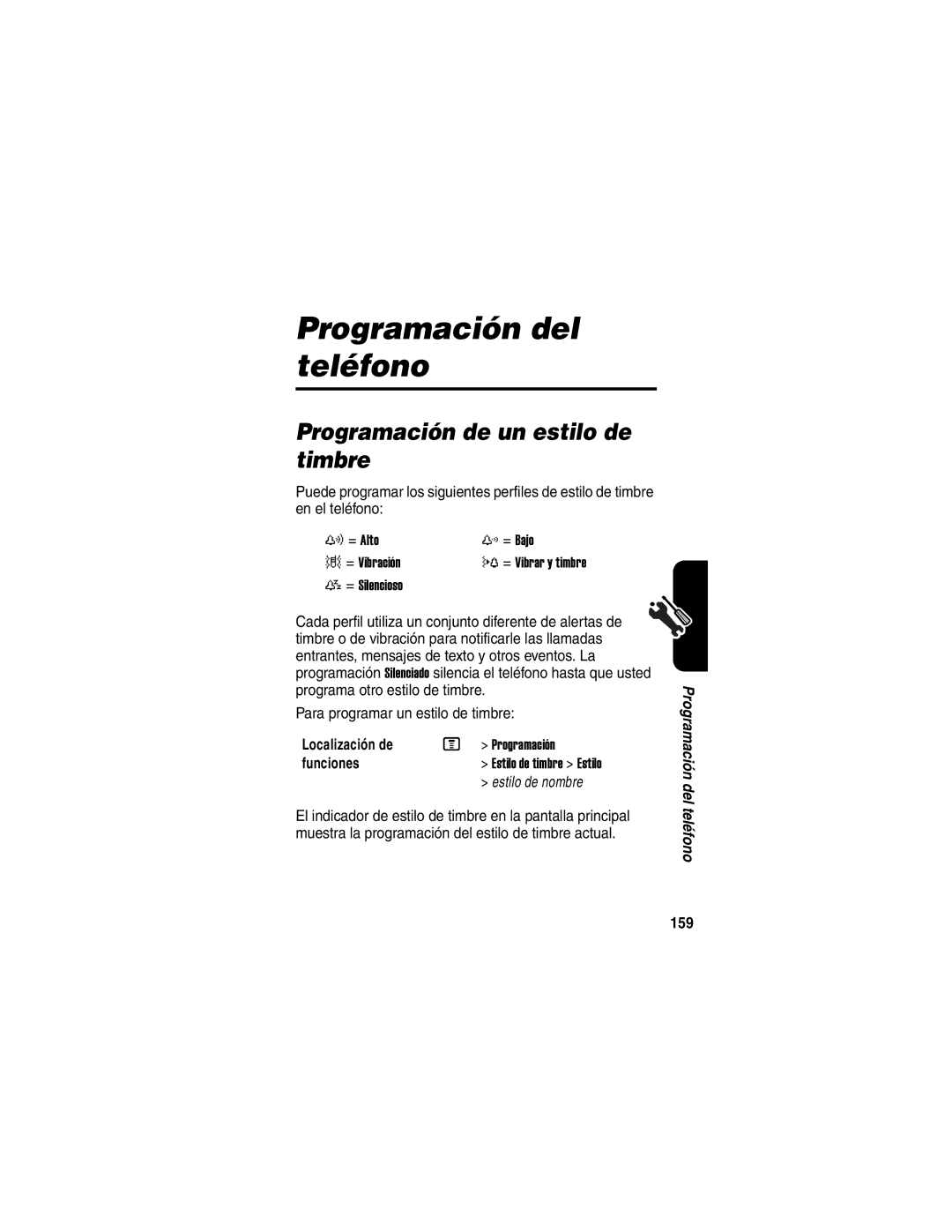 Motorola V330 manual Programación del teléfono, Programación de un estilo de timbre, 159 