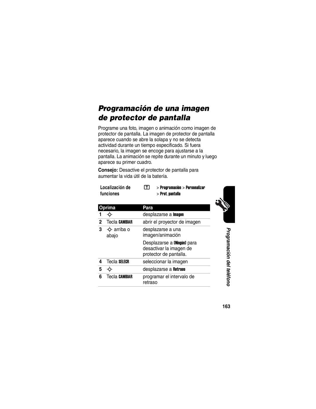 Motorola V330 manual Programación de una imagen de protector de pantalla, Programar el intervalo de, Retraso, 163 