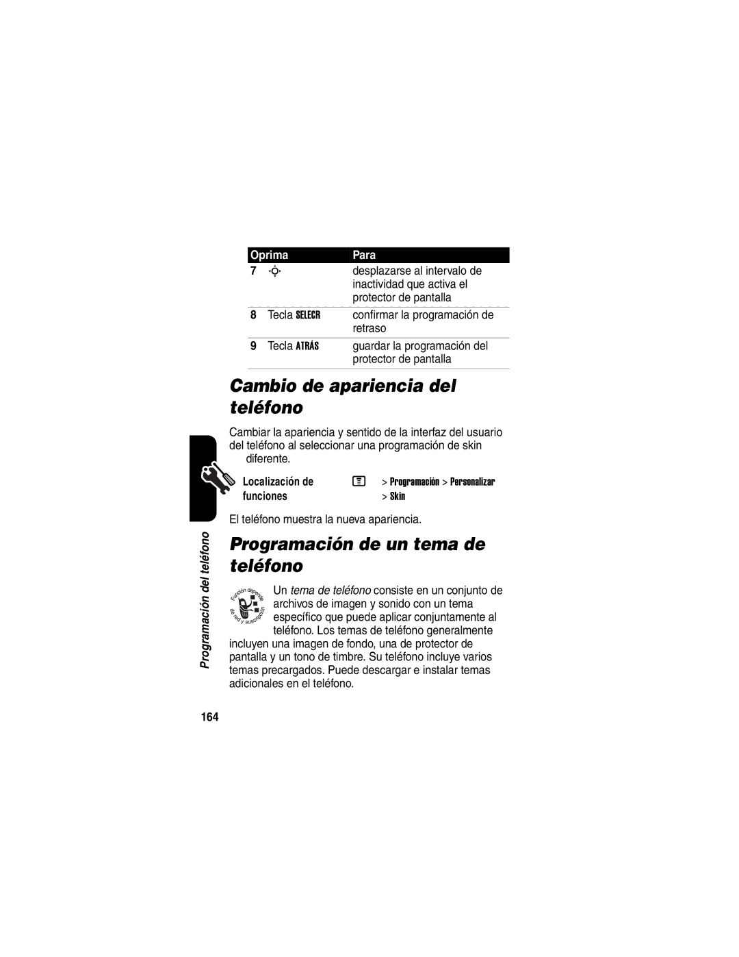 Motorola V330 manual Cambio de apariencia del teléfono, Programación de un tema de teléfono, 164 