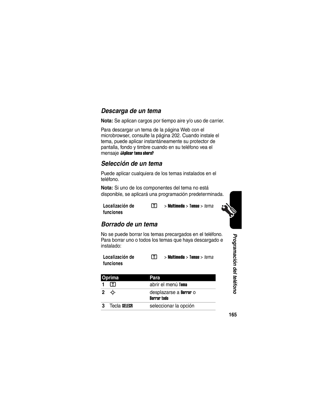 Motorola V330 manual Descarga de un tema, Selección de un tema, Borrado de un tema, 165 