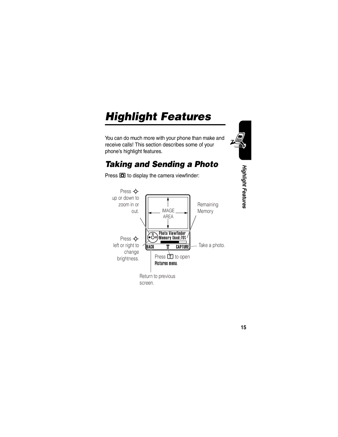 Motorola V330 manual Highlight Features, Taking and Sending a Photo 