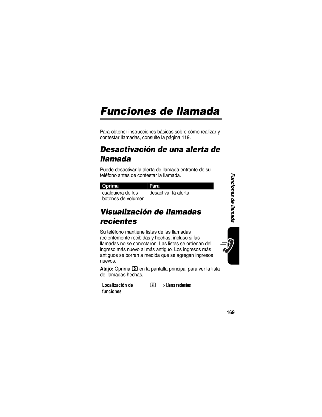 Motorola V330 manual Funciones de llamada, Desactivación de una alerta de llamada, Visualización de llamadas recientes, 169 