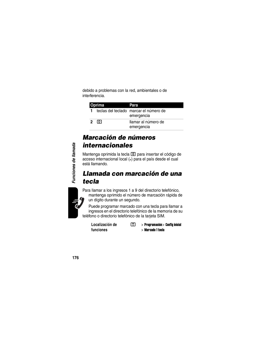 Motorola V330 manual Marcación de números internacionales, Llamada con marcación de una tecla, 176 