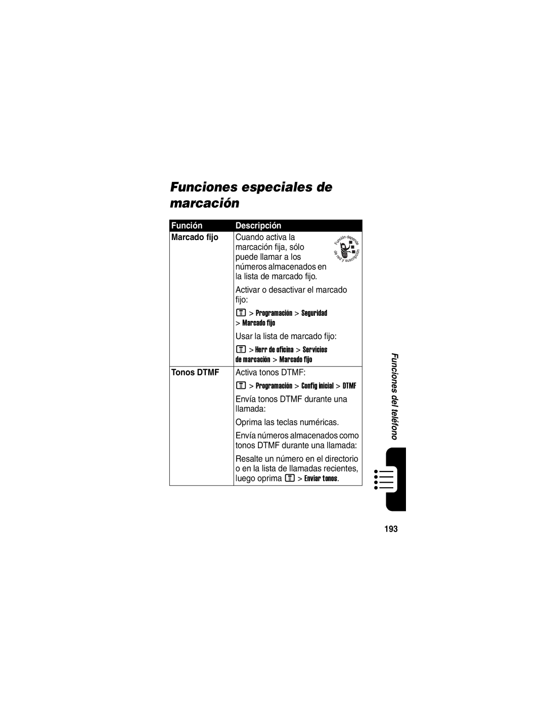 Motorola V330 manual Funciones especiales de marcación, Marcado fijo, Tonos Dtmf, 193 