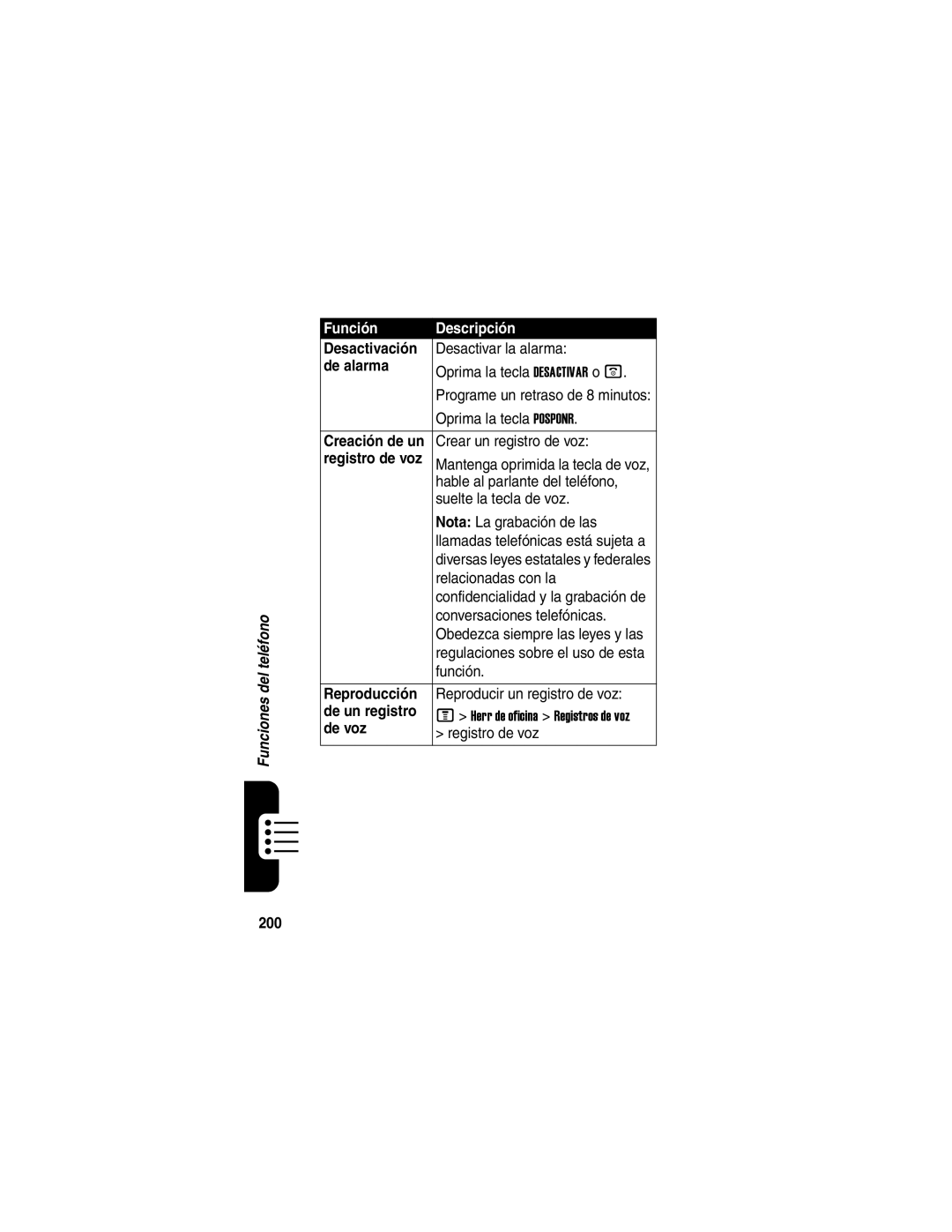 Motorola V330 manual Desactivación, Reproducción, De un registro, De voz, 200 