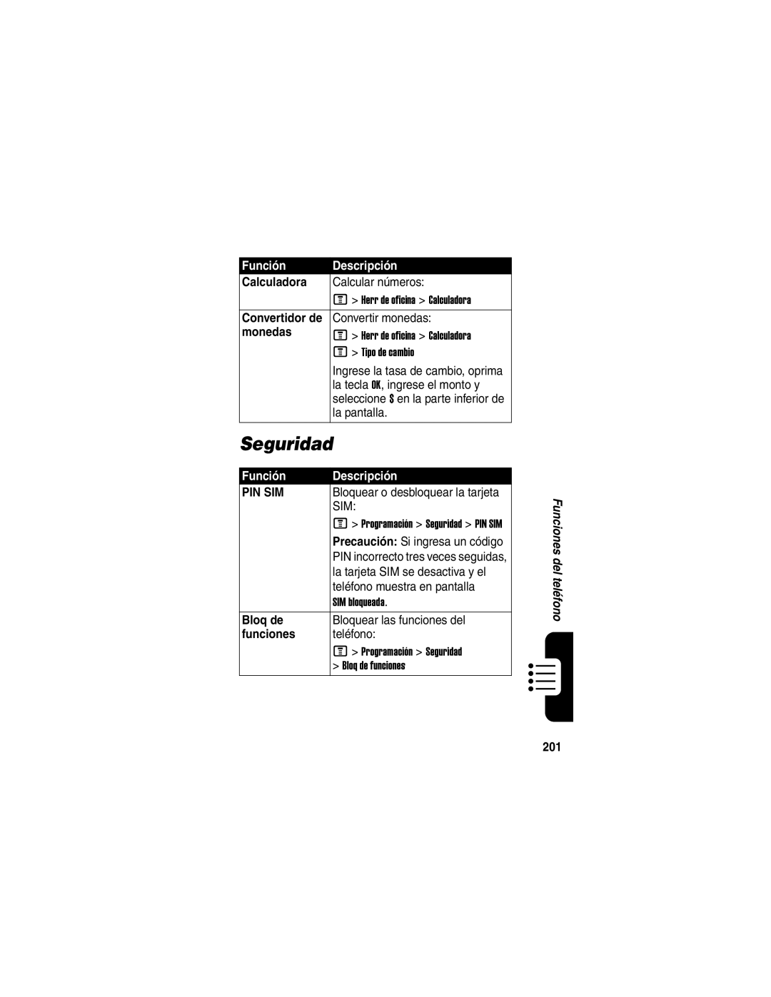 Motorola V330 manual Seguridad, Calculadora, Monedas, Bloq de, 201 