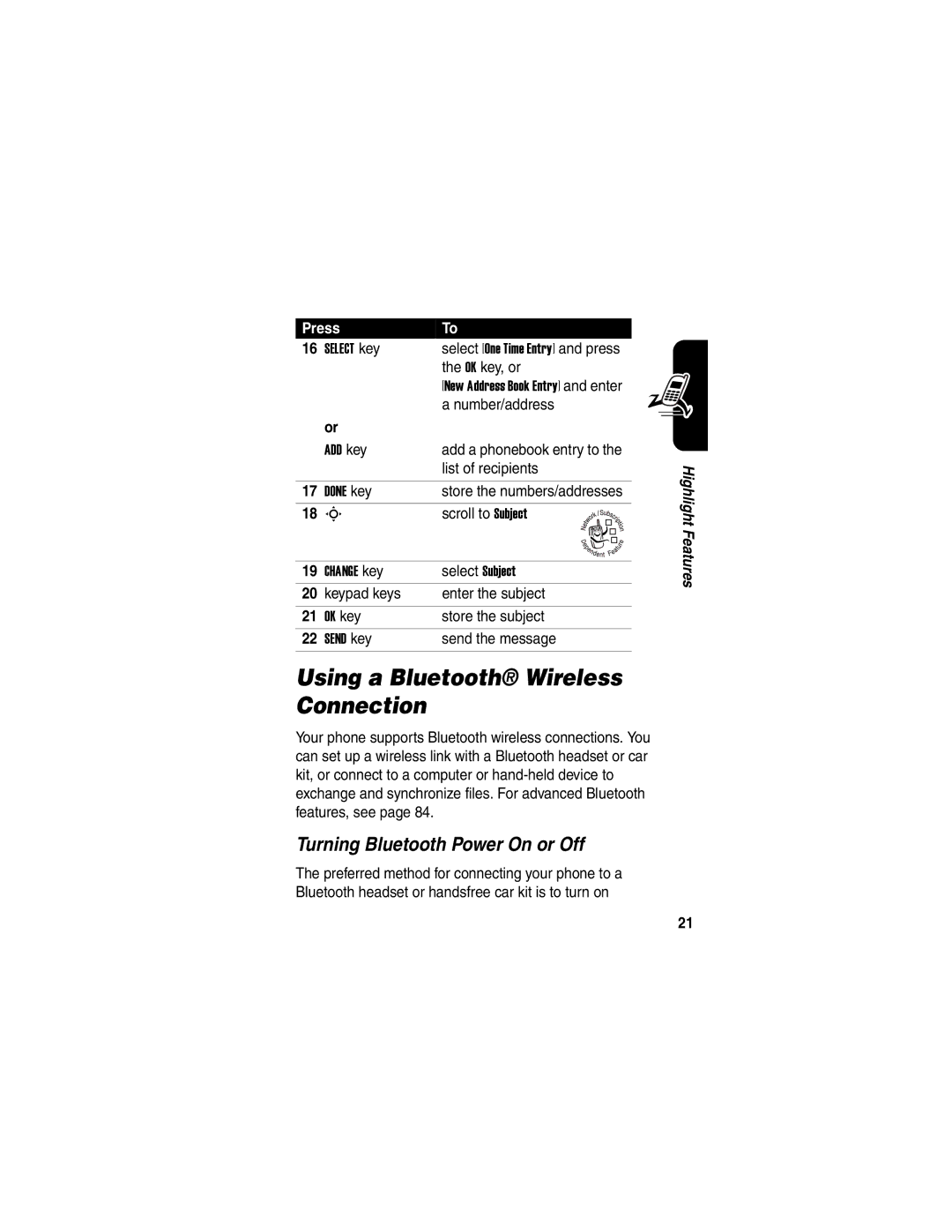 Motorola V330 manual Using a Bluetooth Wireless Connection, Turning Bluetooth Power On or Off 