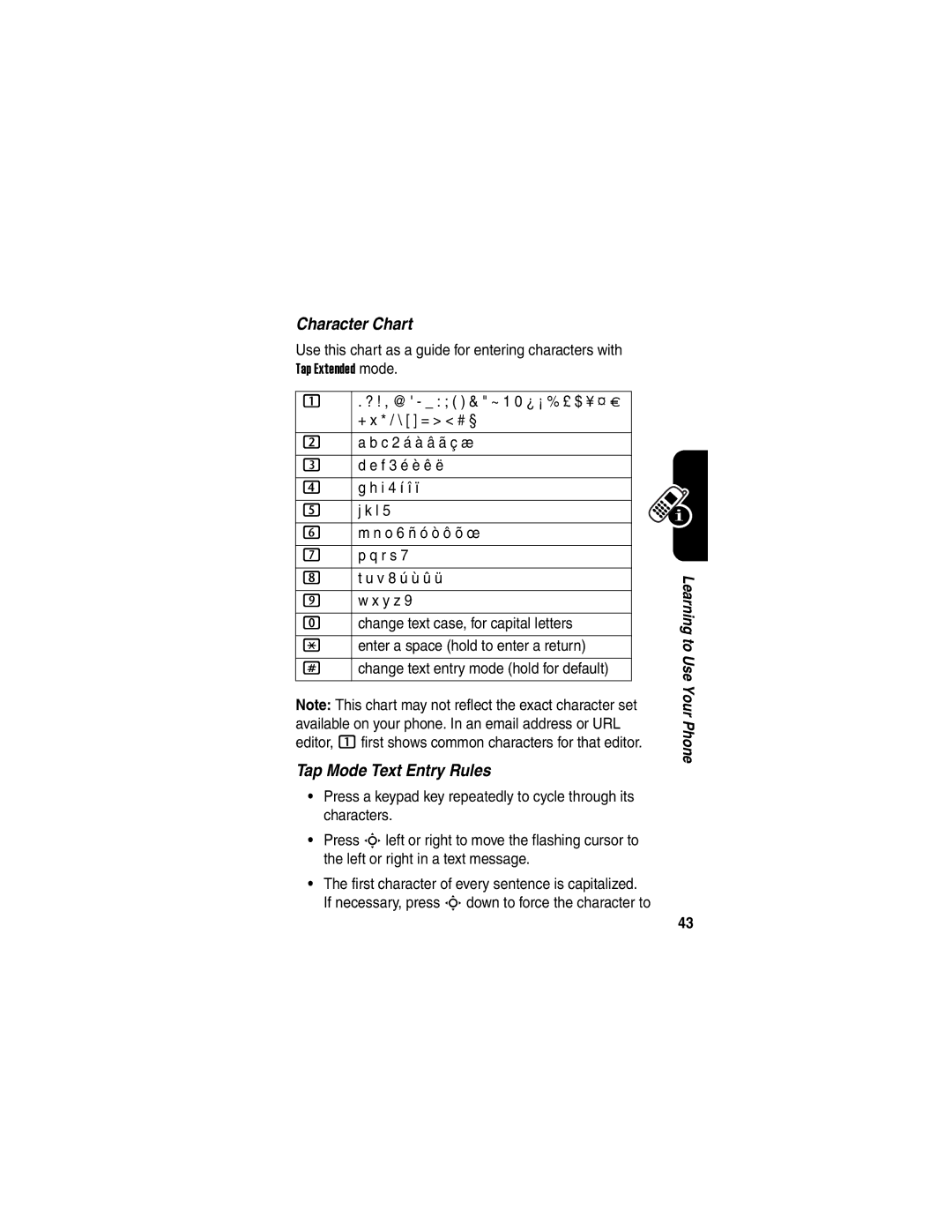 Motorola V330 manual Character Chart, Tap Mode Text Entry Rules 