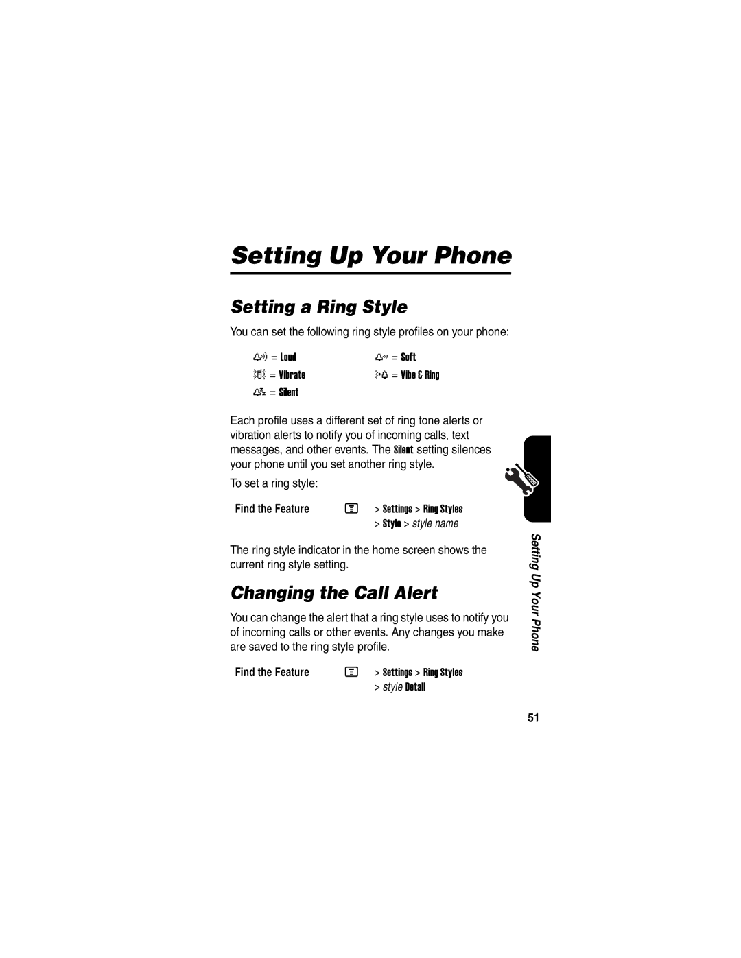 Motorola V330 manual Setting Up Your Phone, Setting a Ring Style, Changing the Call Alert, To set a ring style 