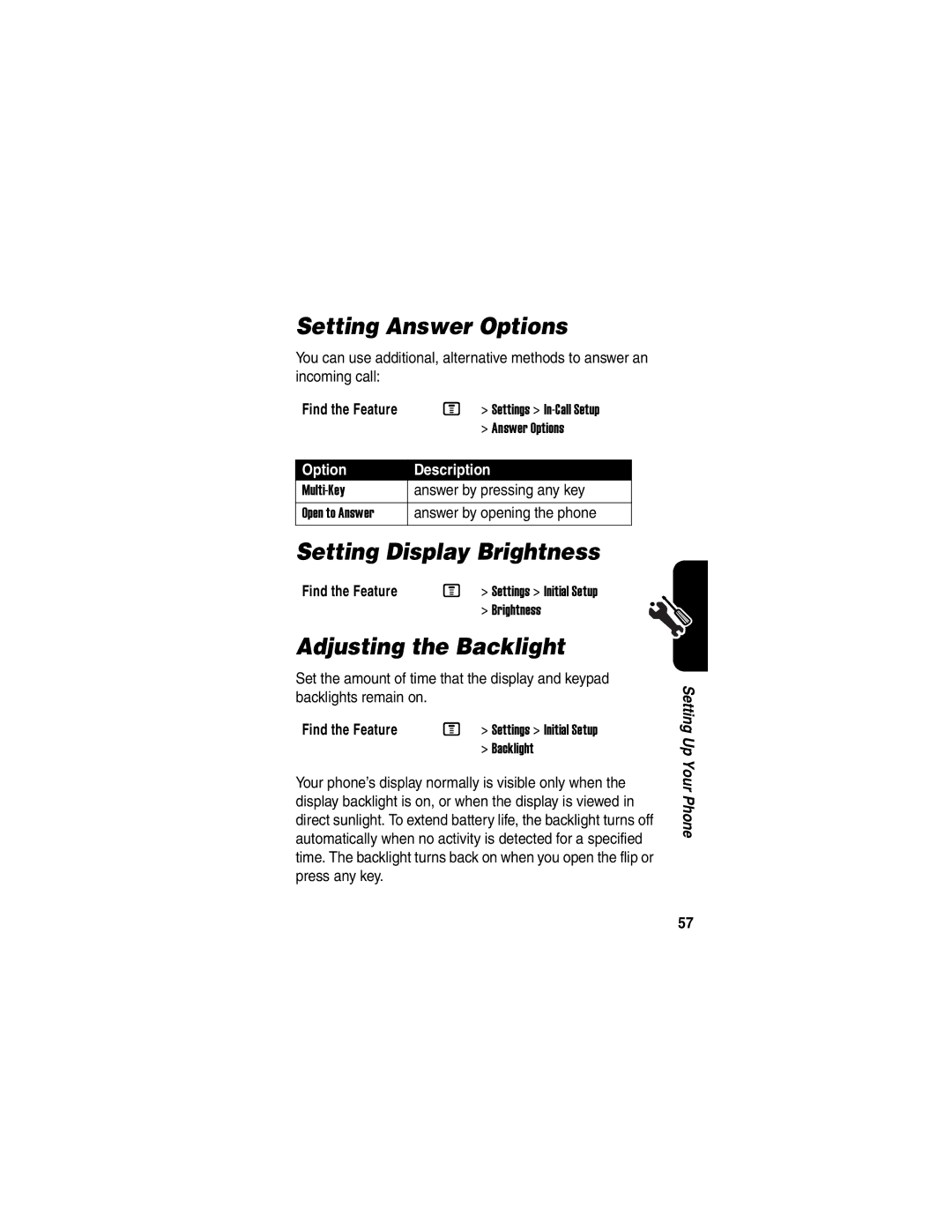 Motorola V330 Setting Answer Options, Setting Display Brightness, Adjusting the Backlight, Answer by pressing any key 