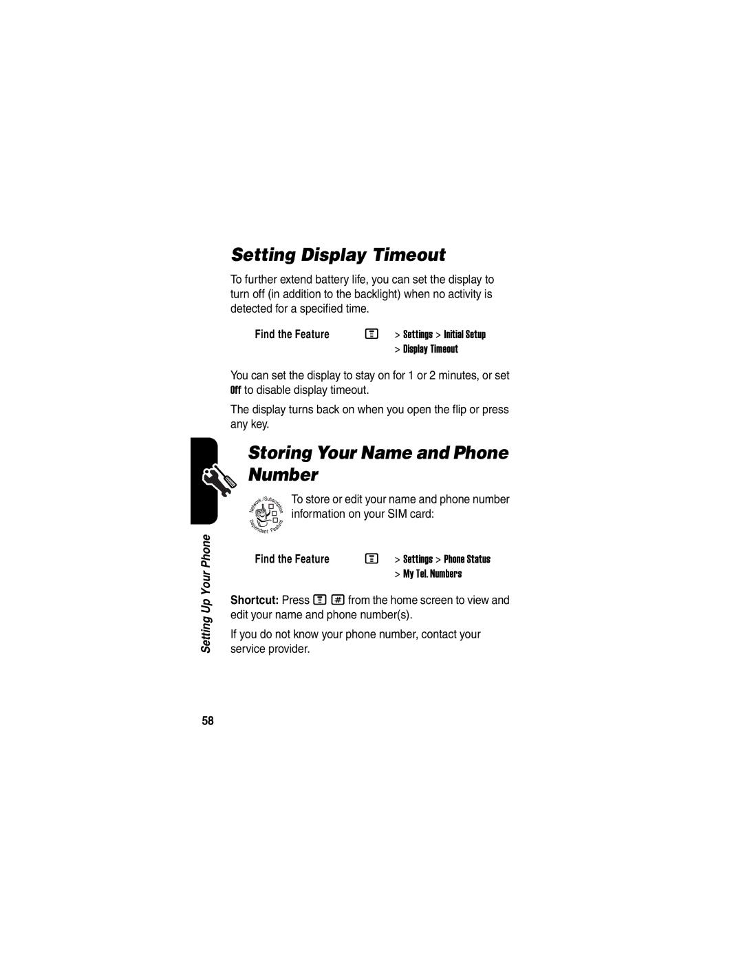 Motorola V330 manual Setting Display Timeout, Storing Your Name and Phone Number 