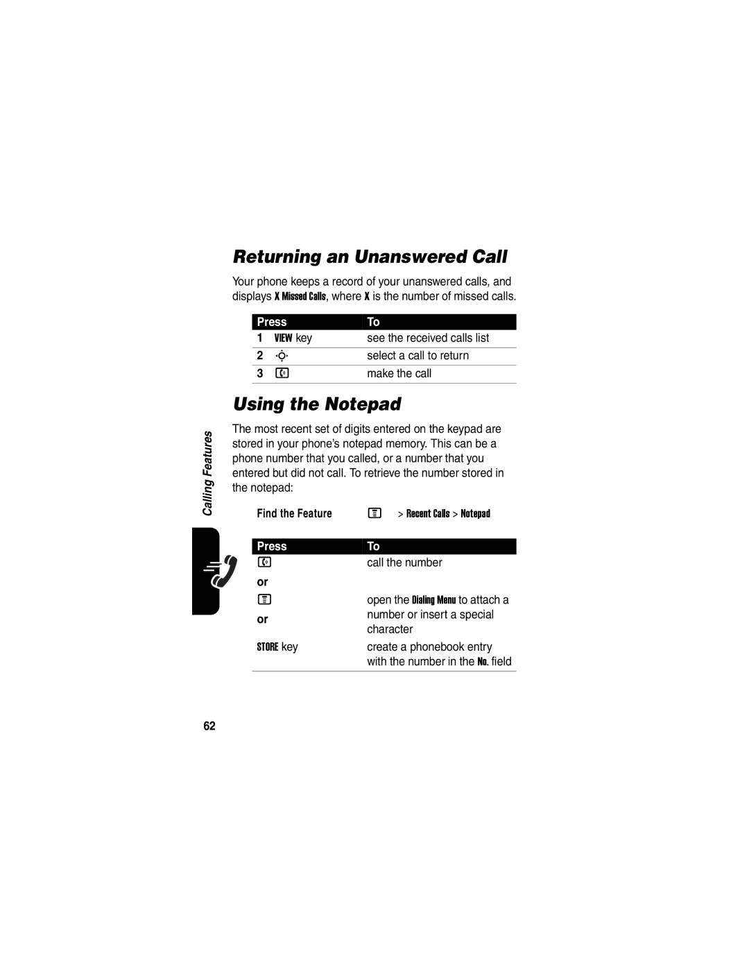 Motorola V330 manual Returning an Unanswered Call, Using the Notepad 