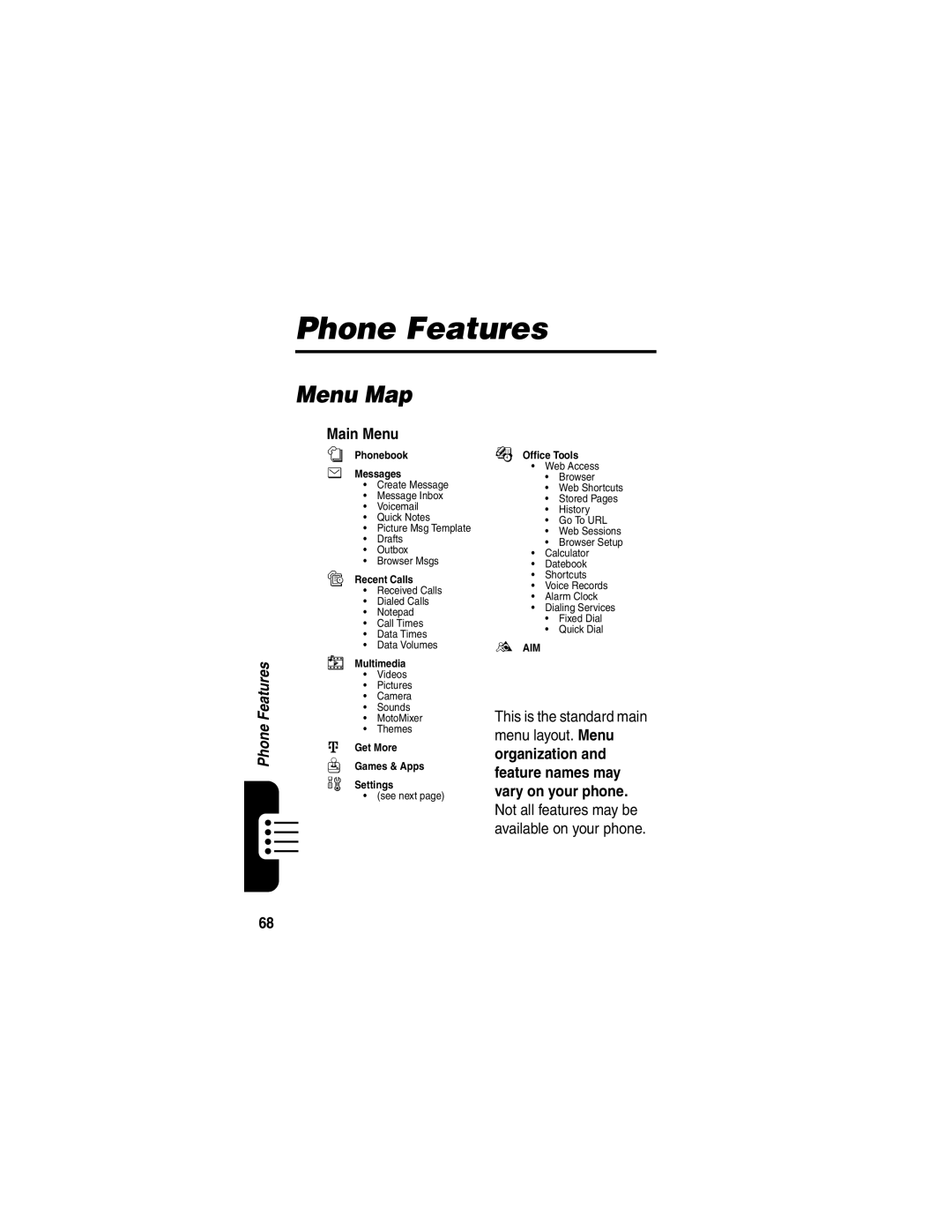 Motorola V330 manual Phone Features, Menu Map, Main Menu 