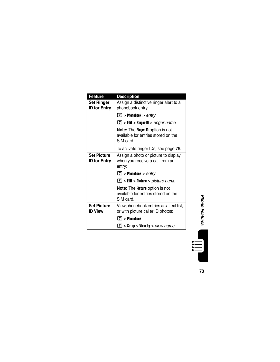 Motorola V330 manual Set Ringer, ID for Entry, Set Picture, ID View 