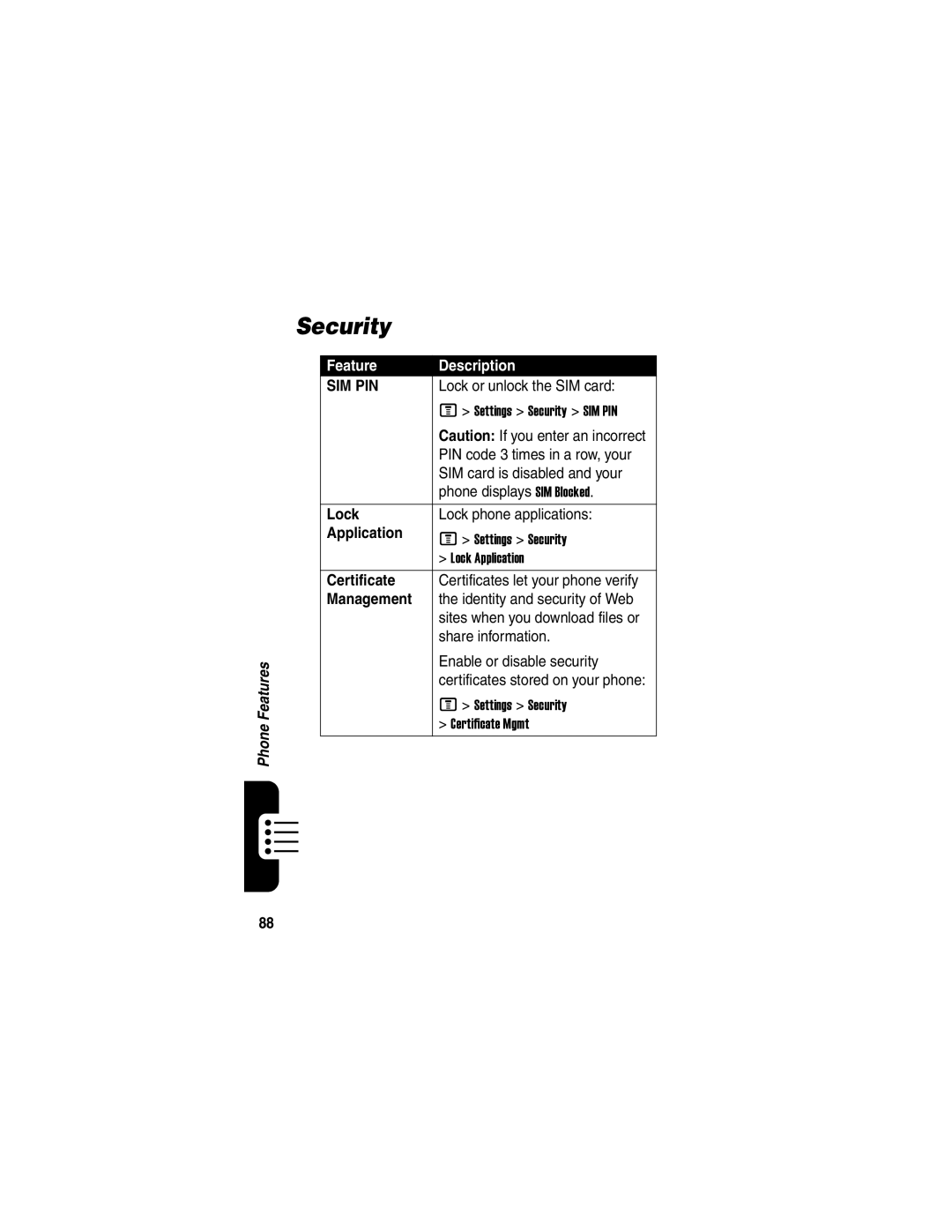 Motorola V330 manual Security, Lock, Application, Certificate, Management 