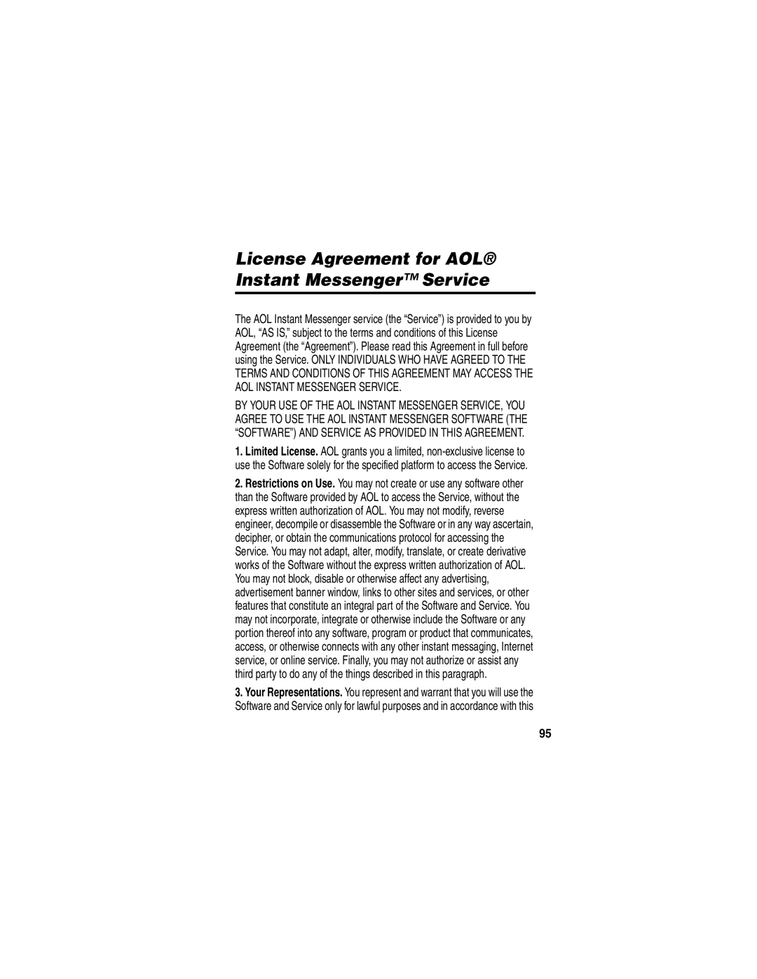 Motorola V330 manual License Agreement for AOL Instant Messenger Service 