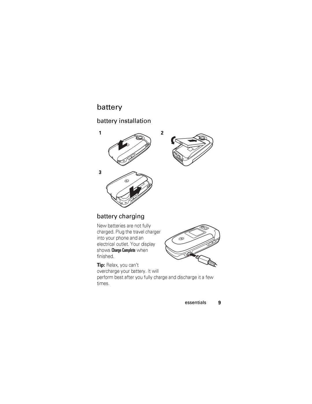 Motorola V360 manual Battery installation Battery charging, Shows Charge Complete when Finished 