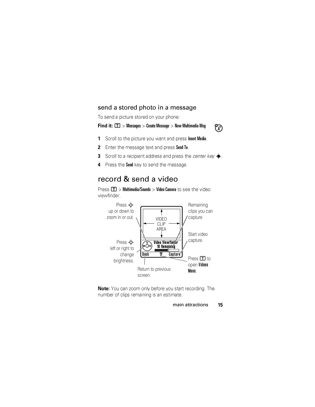 Motorola V360 manual Record & send a video, Send a stored photo in a message, To send a picture stored on your phone 