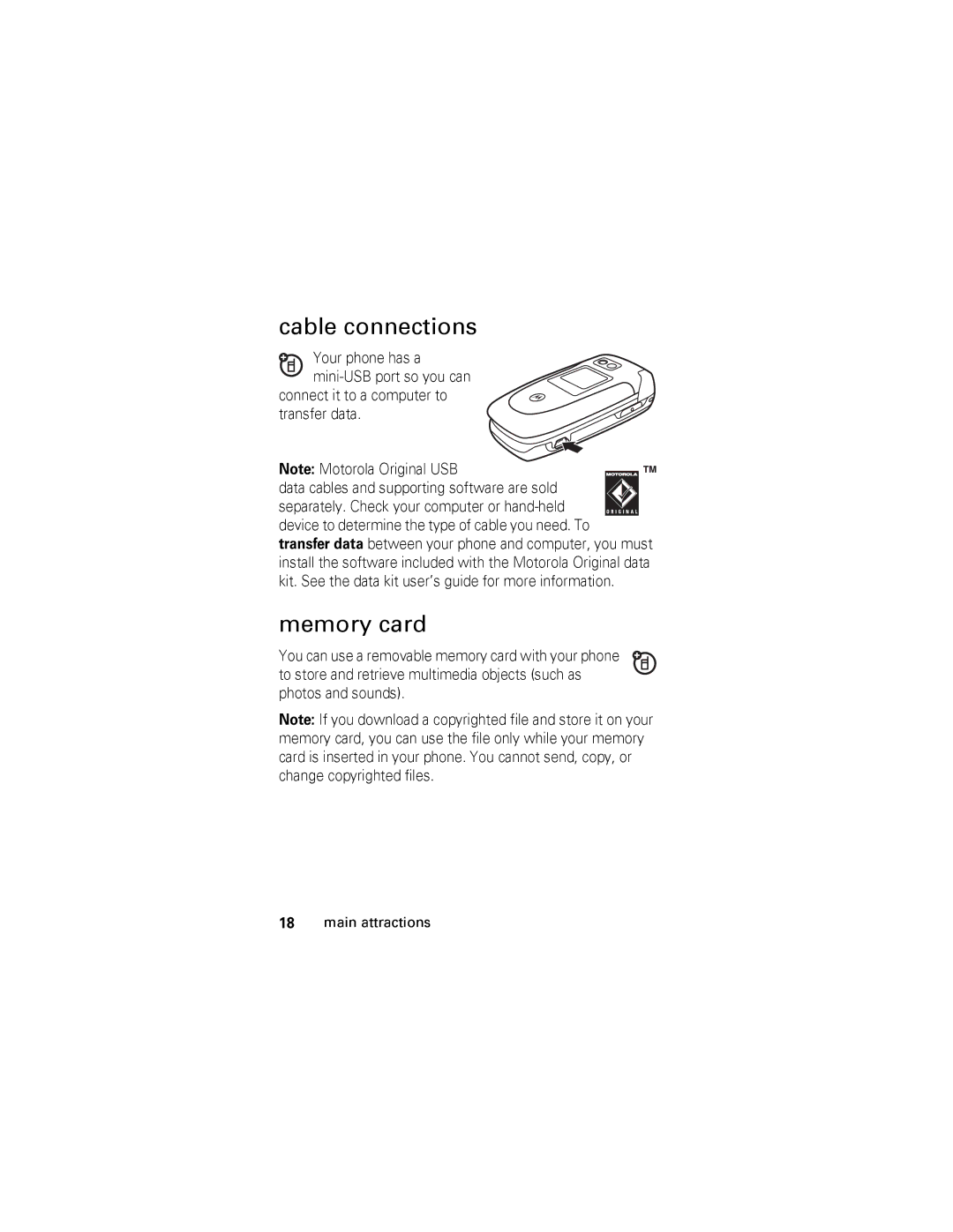 Motorola V360 manual Cable connections, Memory card, Photos and sounds 