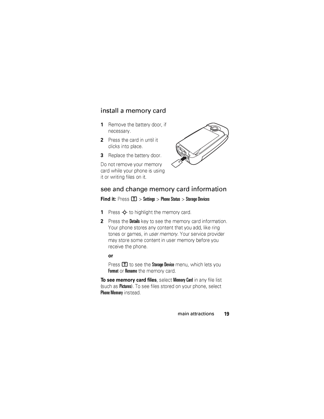 Motorola V360 manual Install a memory card, See and change memory card information 