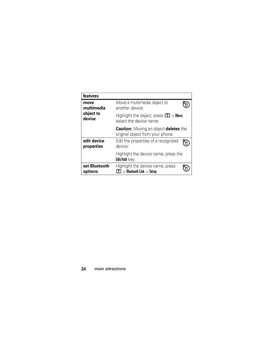 Motorola V360 manual Features Move, Multimedia, Object to, Edit device, Properties, Set Bluetooth 