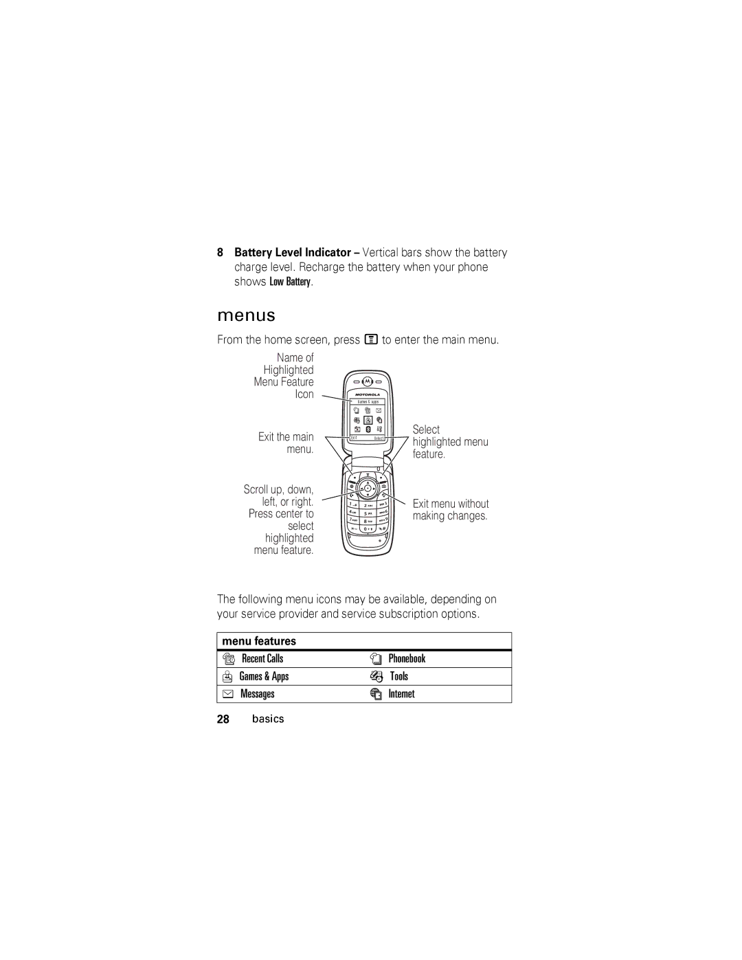 Motorola V360 manual Menus, Menu features, Recent Calls Phonebook Games & Apps Tools Messages Internet 