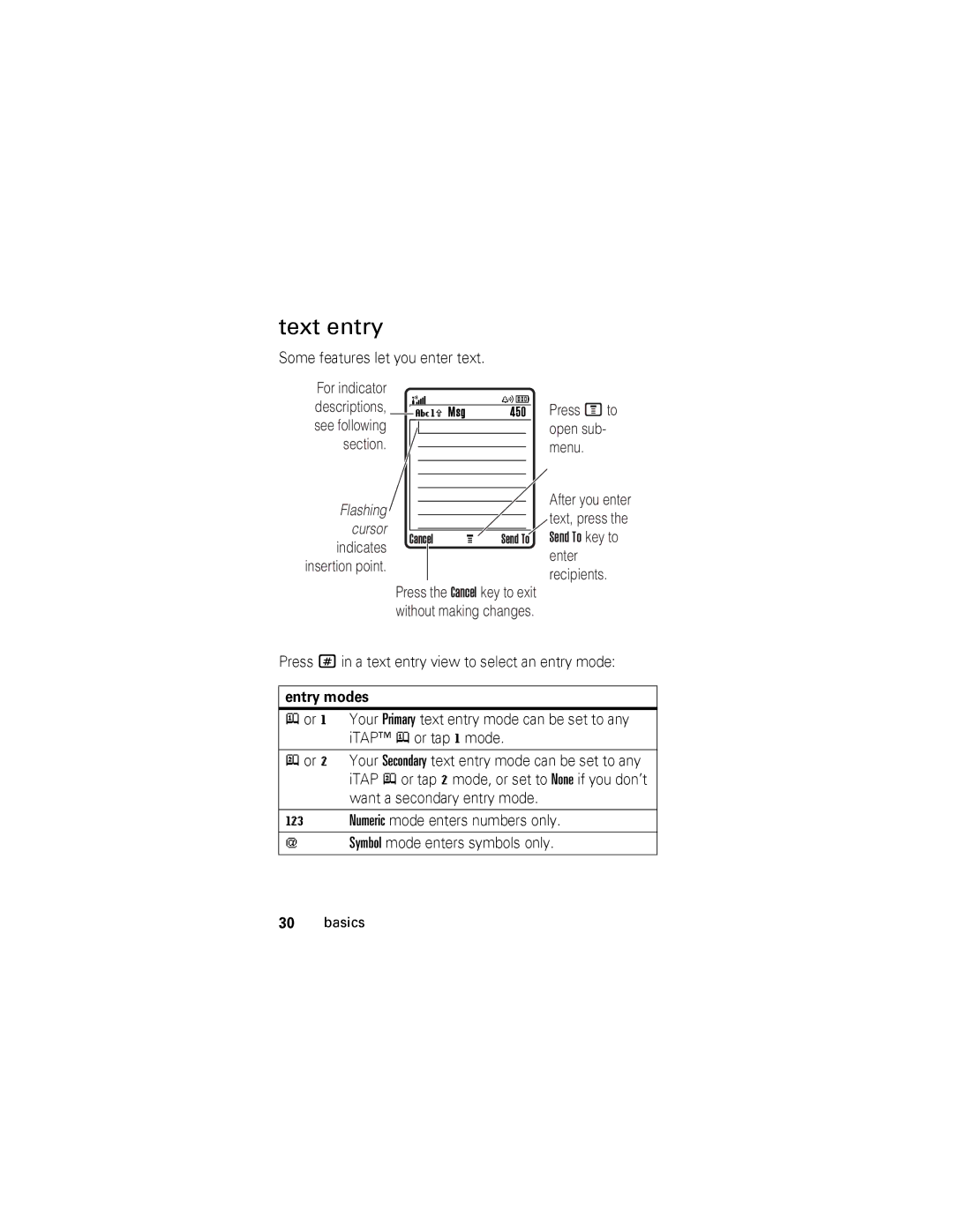 Motorola V360 manual Text entry, Some features let you enter text, Press # in a text entry view to select an entry mode 