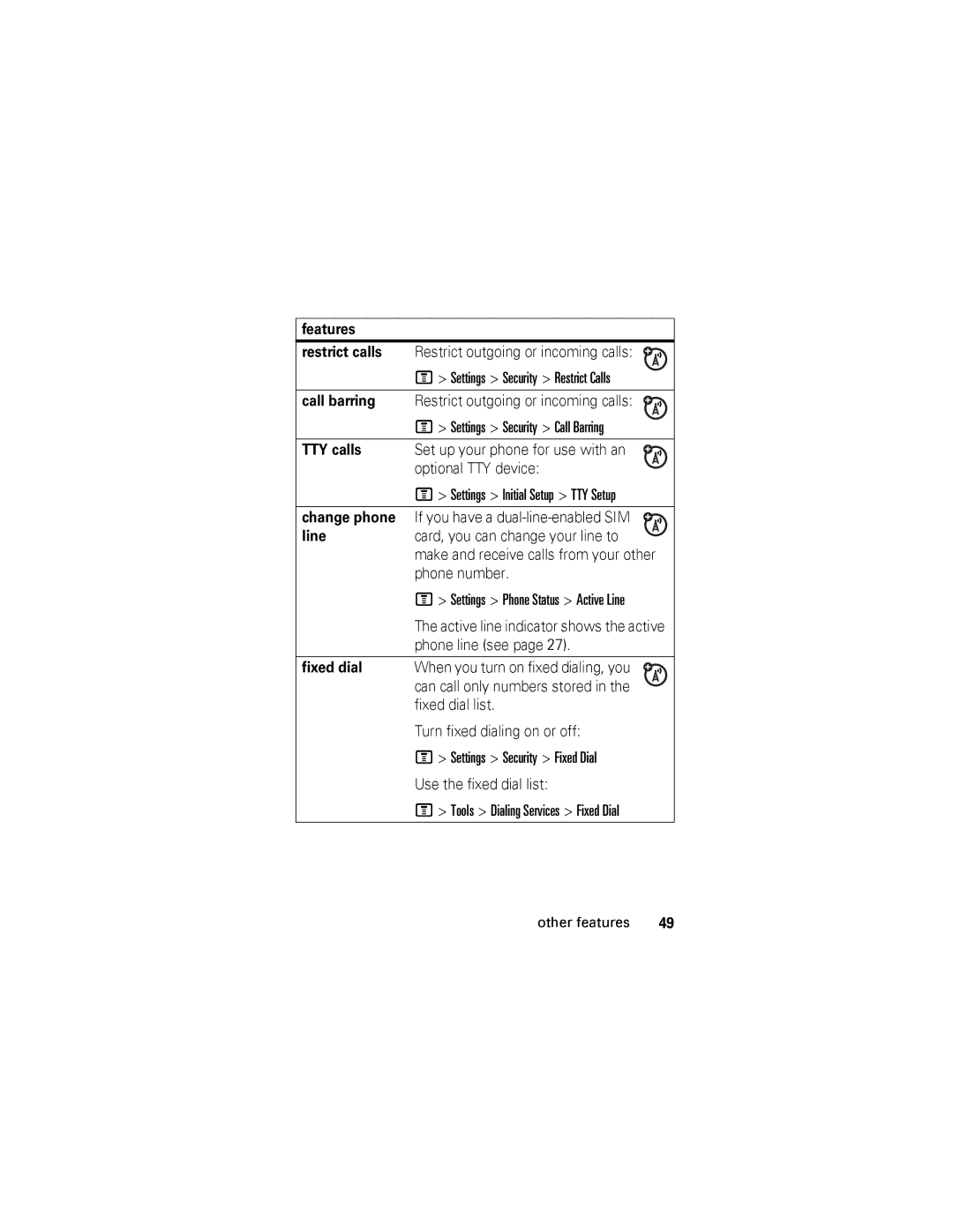 Motorola V360 manual Features Restrict calls, Call barring, TTY calls, Change phone, Line, Fixed dial 