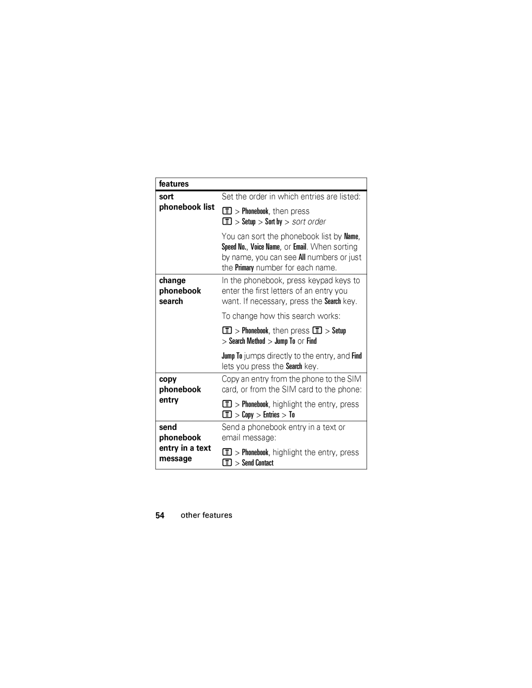 Motorola V360 Features Sort, Primary number for each name, Change, To change how this search works, Copy, Phonebook, Entry 