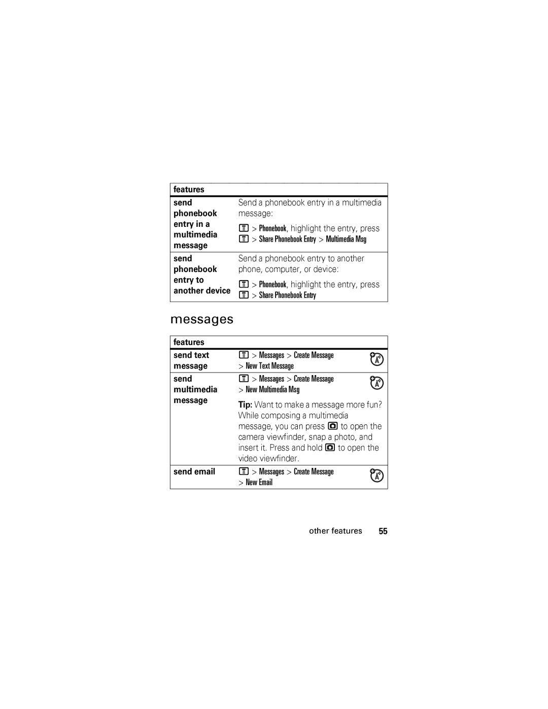 Motorola V360 manual Features Send, Phonebook Message Entry in a, Another device, Share Phonebook Entry, Video viewfinder 