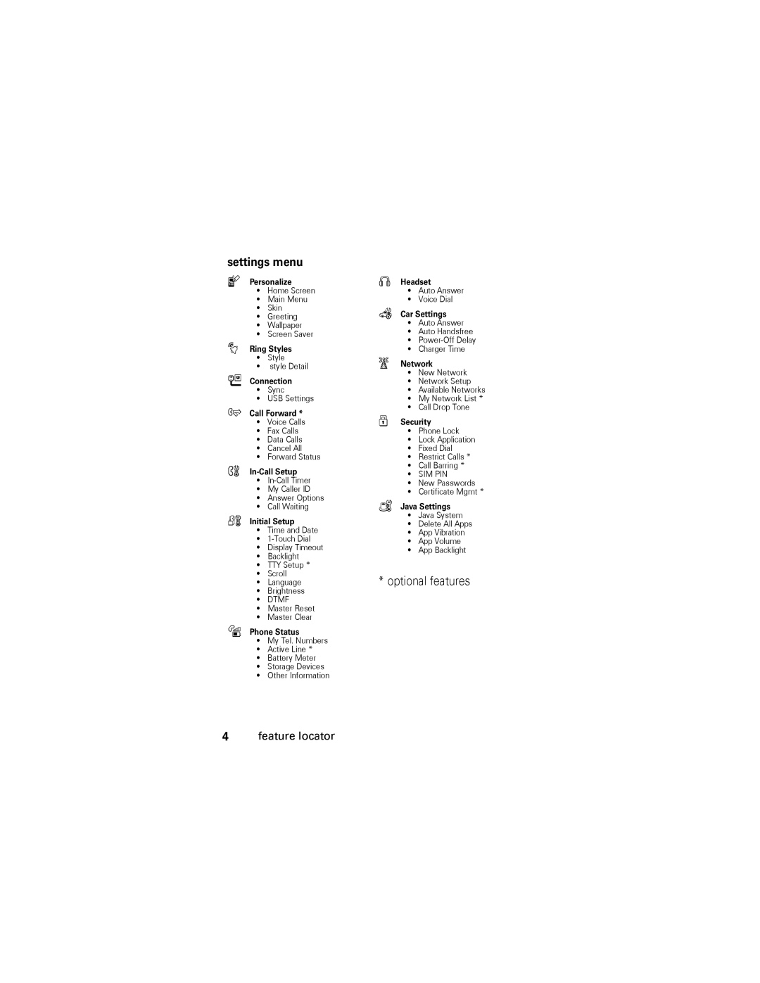 Motorola V360 manual Settings menu, Optional features 