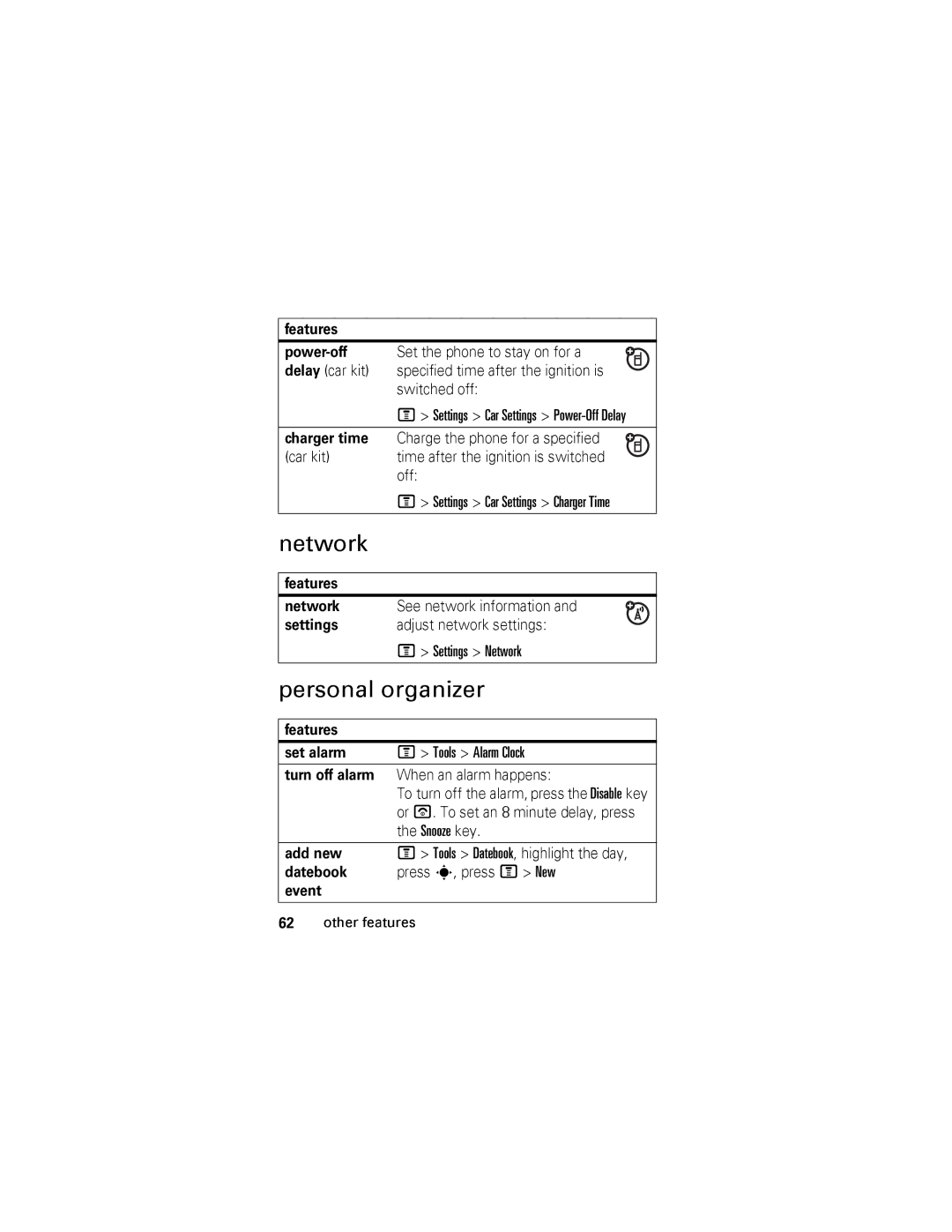 Motorola V360 manual Network, Personal organizer 