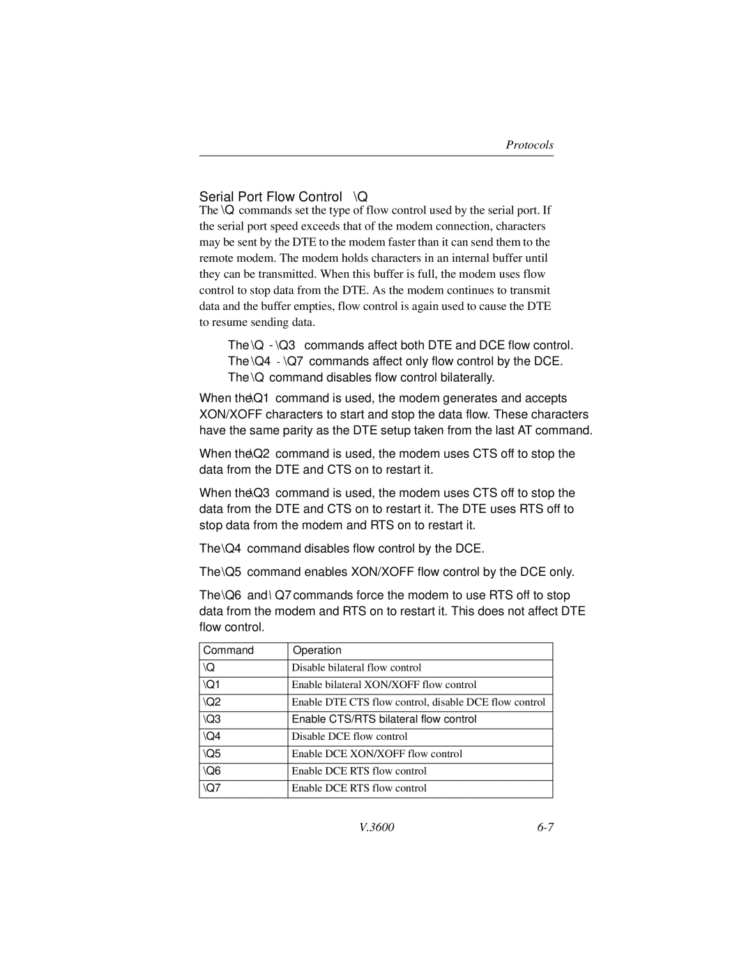 Motorola V.3600 manual Serial Port Flow Control \Q, Enable CTS/RTS bilateral flow control 